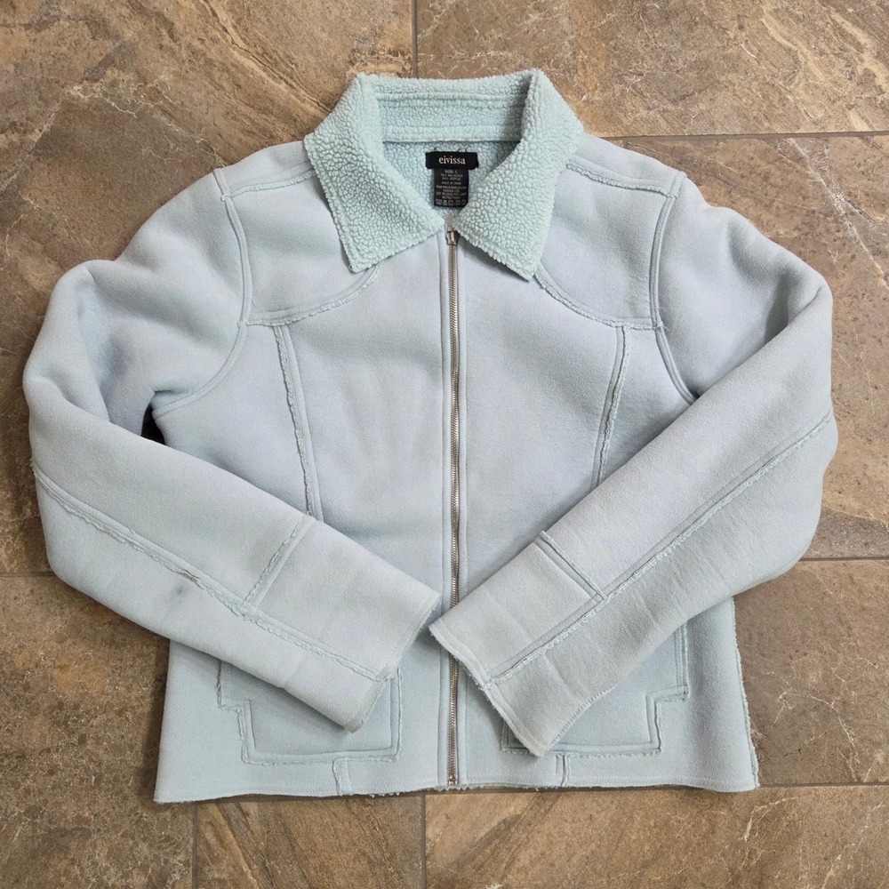 Eivissa Womens Jacket L Light Blue Faux Suede Sherpa Collar Full‎ Zip Coat